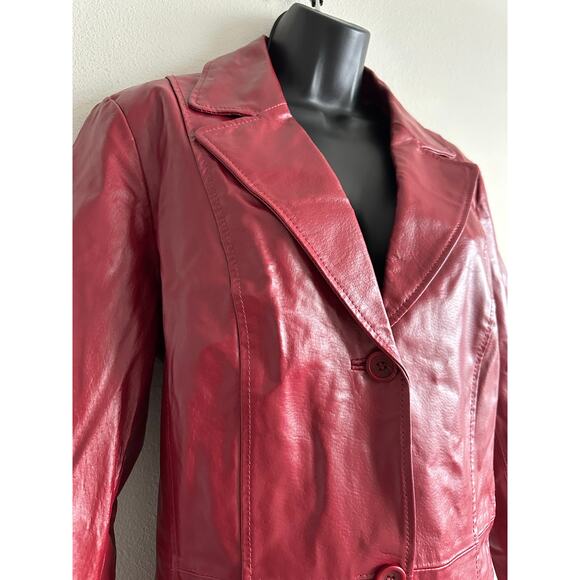 Vintage 90s Oxblood Red Leather Trench Coat Tailored Long Jacket Size 12 Tall - Picture 2 of 6